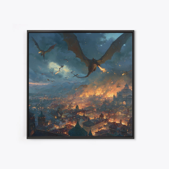 Fire Breathing Dragons Attacking Burning City Canvas Print, Dark Fantasy Wall Art, Medieval Battle Decor, Gamer Room Gift