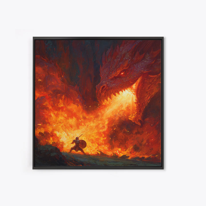 Red Dragon Breathing Fire At Brave Knight Wall Art, Dark Fantasy Canvas Print, Epic Medieval Battle Decor, Gamer Gift For Him