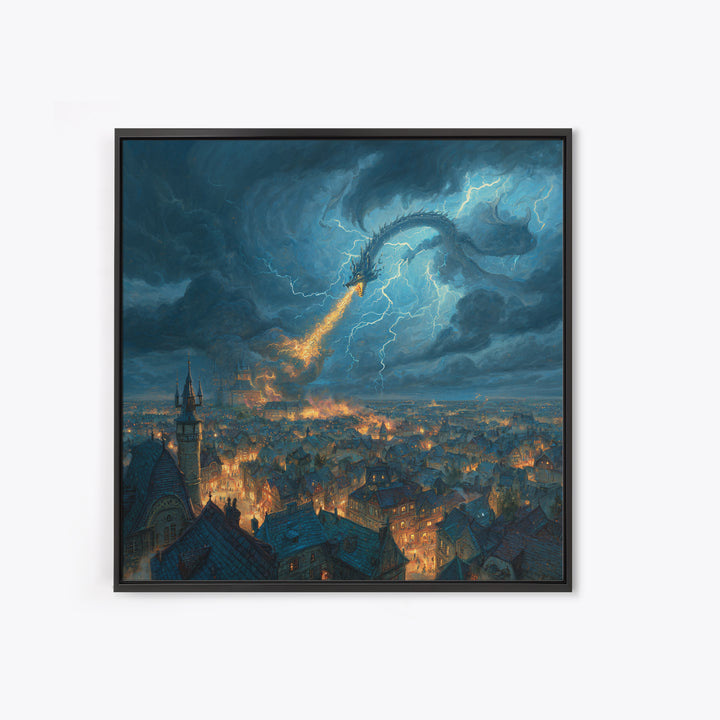 Lightning Dragon Over Stormy Medieval City Canvas Print, Dark Fantasy Wall Art, Dramatic Castle Decor, Gamer Room Gift For Him