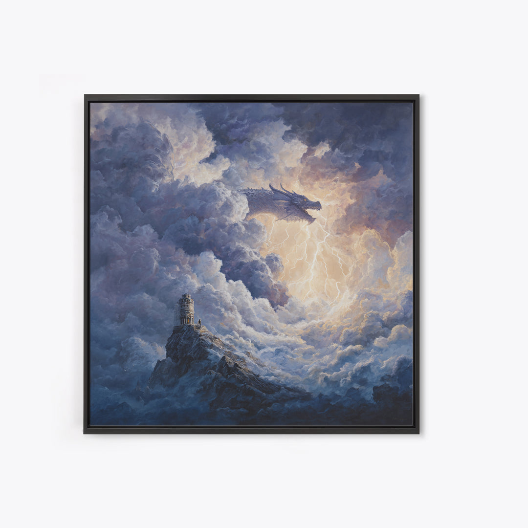 Storm Cloud Dragon With Lightning Above Lonely Tower Wall Art, Dark Fantasy Canvas Print, Gothic Castle Decor, Moody Art Gift