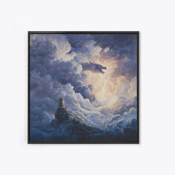 Storm Cloud Dragon With Lightning Above Lonely Tower Wall Art, Dark Fantasy Canvas Print, Gothic Castle Decor, Moody Art Gift