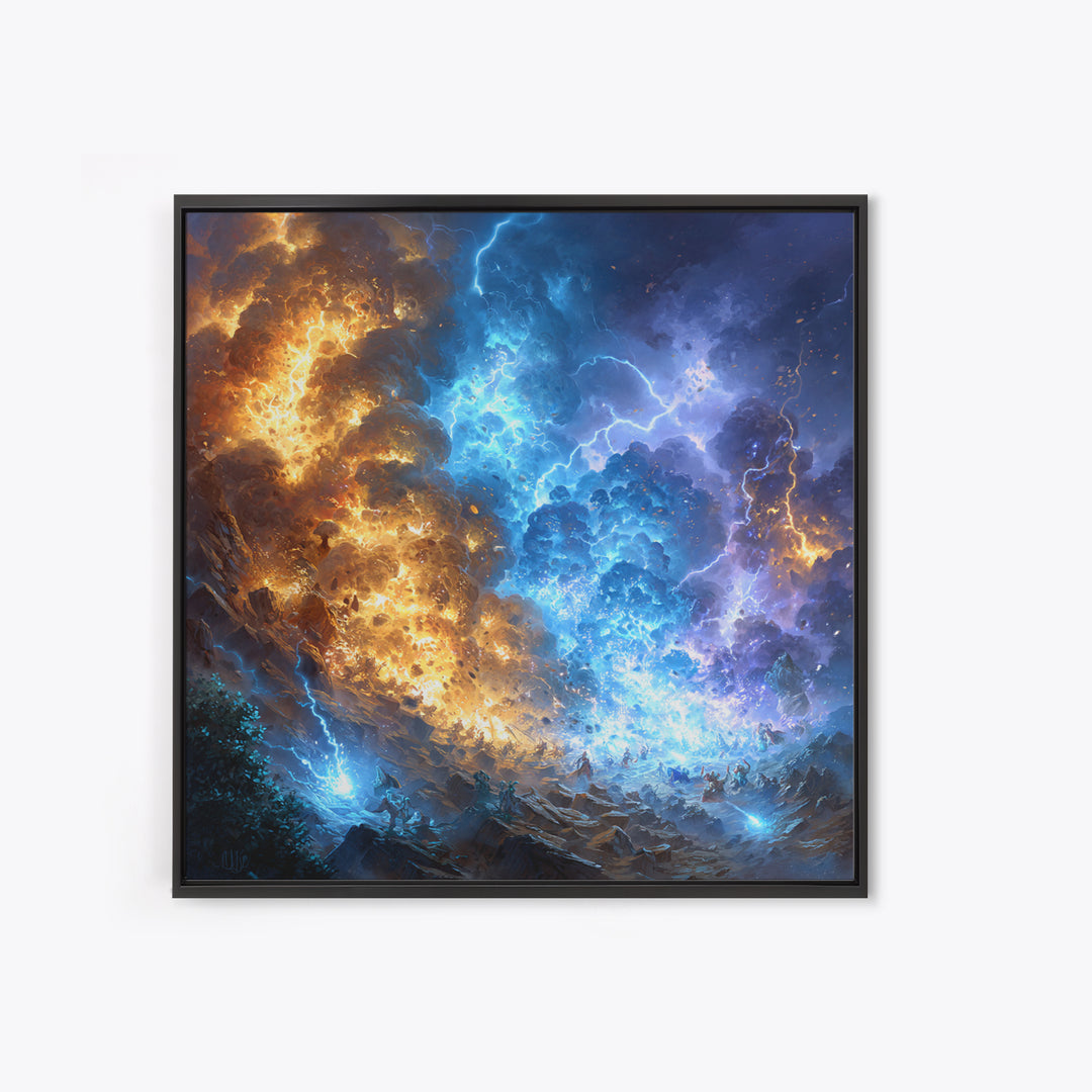Blue And Gold Elemental Storm Battle Wall Art, Fantasy Canvas Print, Lightning Fire Landscape, Dramatic Gamer Room Decor