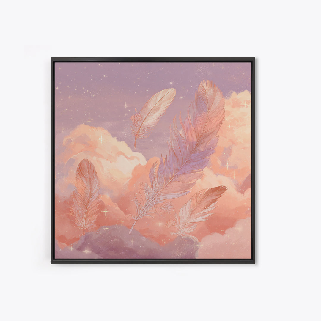 Pink Feathers Floating In Peach Clouds Canvas Print, Celestial Wall Decor, Dreamy Pastel Nursery Art, Whimsical Gift For Her