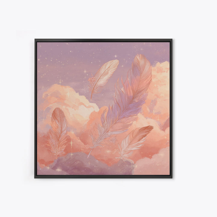 Pink Feathers Floating In Peach Clouds Canvas Print, Celestial Wall Decor, Dreamy Pastel Nursery Art, Whimsical Gift For Her