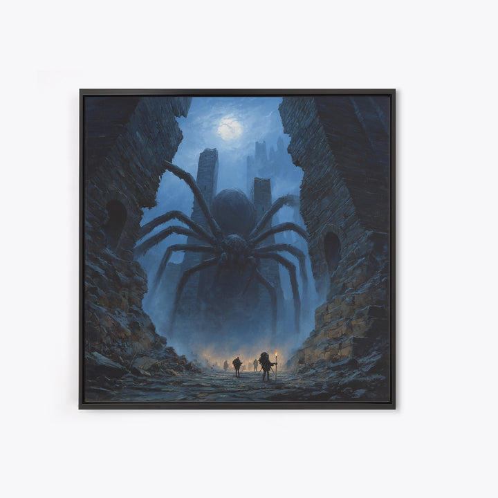 Giant Spider In Moonlit Ruins Wall Art, Dark Fantasy Canvas Print, Gothic Dungeon Decor, Creepy Adventure Gift For Gamers