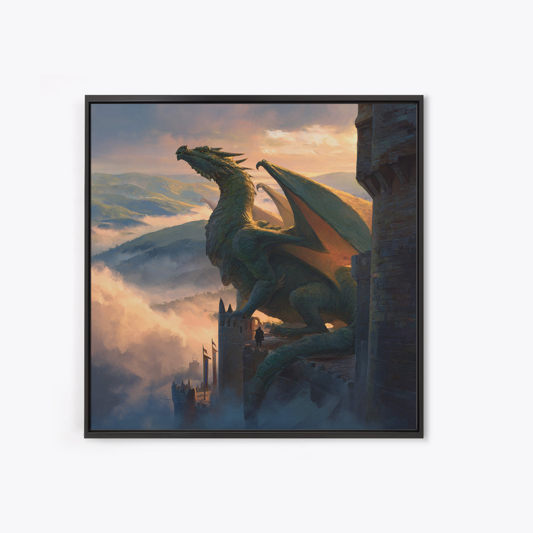 Majestic Dragon On Castle Tower Framed Canvas Print, Fantasy Wall Art, Mountain Landscape Decor, Medieval Adventure Gift