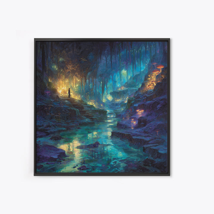 Glowing Crystal Cave River Wall Art, Fantasy Canvas Print, Bioluminescent Mushroom Decor, Magical Landscape Gift For Her