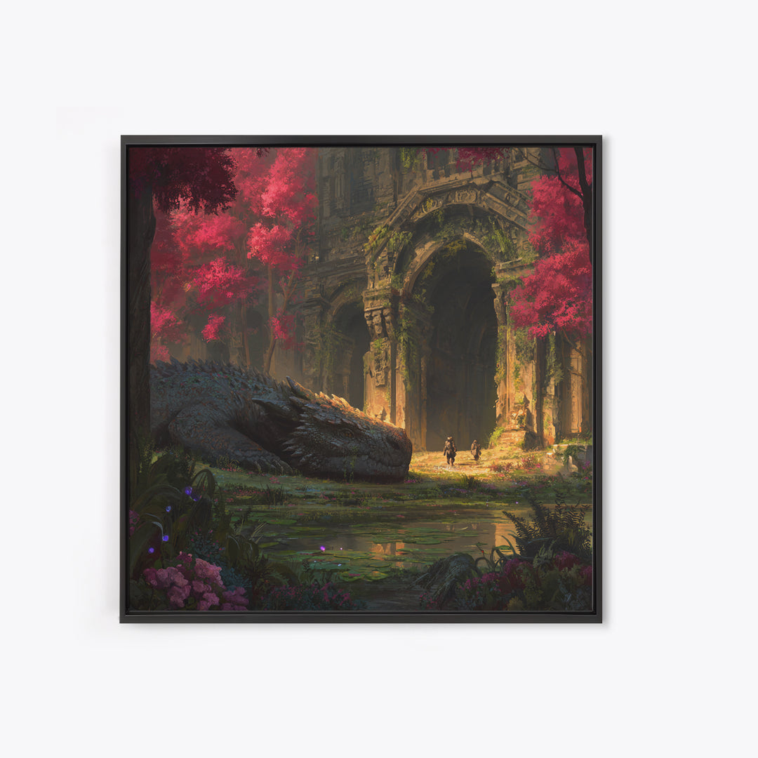 Sleeping Dragon In Crimson Forest Ruins Wall Art, Fantasy Canvas Print, Gothic Garden Decor, Mythical Adventure Gift For Her