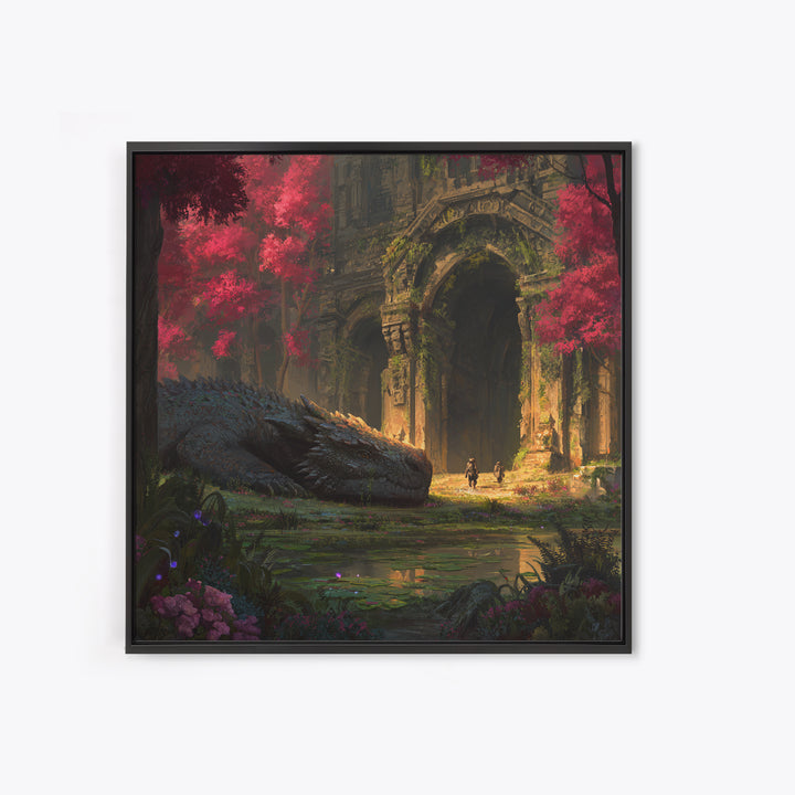 Sleeping Dragon In Crimson Forest Ruins Wall Art, Fantasy Canvas Print, Gothic Garden Decor, Mythical Adventure Gift For Her