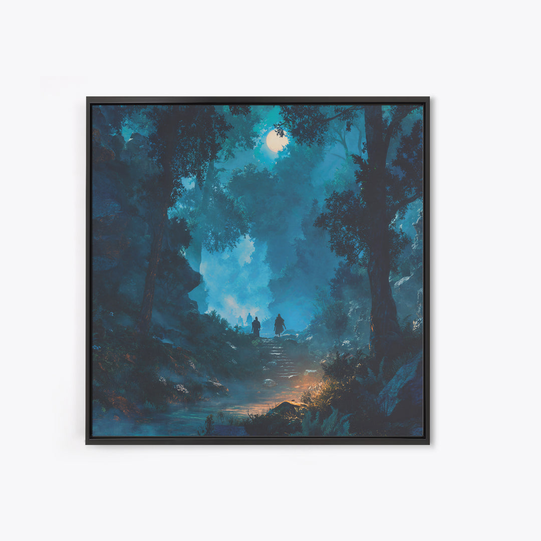 Moonlit Blue Forest Path Wall Art, Fantasy Canvas Print, Mystical Landscape Decor, Calming Adventure Gift For Nature Lovers