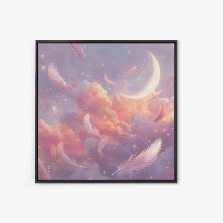 Crescent Moon And Floating Feathers Framed Canvas Print, Celestial Wall Art, Dreamy Cloud Decor, Pastel Nursery Gift For Her