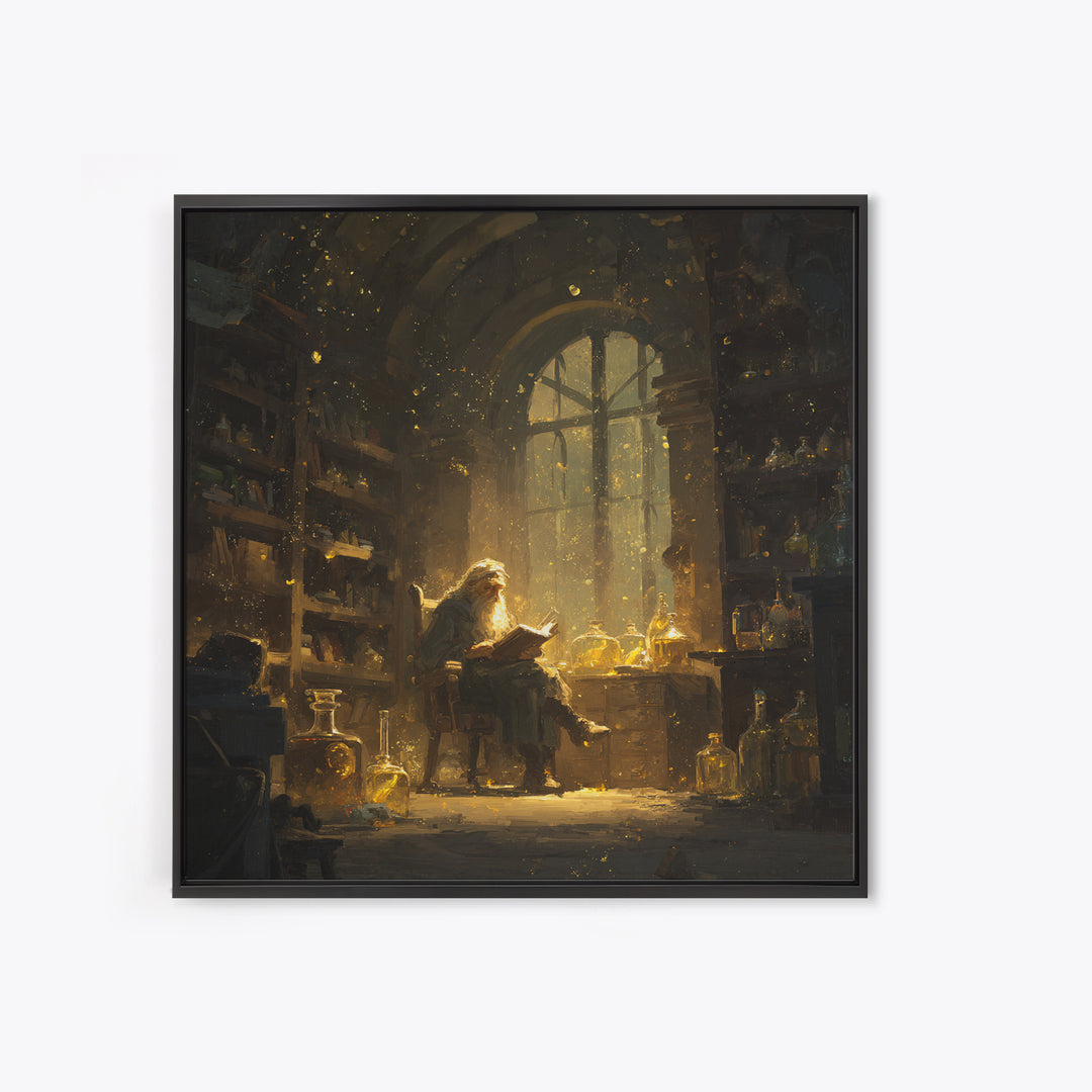 Wizard Reading In Golden Alchemy Library Wall Art, Dark Academia Fantasy Art Print, Magical Home Office Decor Gift For Readers