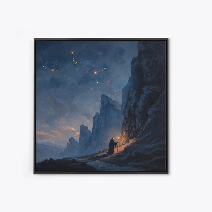 Lone Wizard On Starlit Mountain Path Canvas Print, Moody Fantasy Landscape Art, Dark Academia Office Wall Decor For Study Room