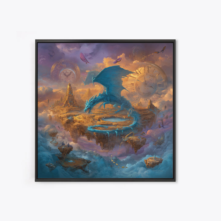 Blue Dragon Over Floating Clockwork Islands Wall Art, Epic Fantasy Canvas Print, Surreal Sky Castle Gaming Room Decor Gift
