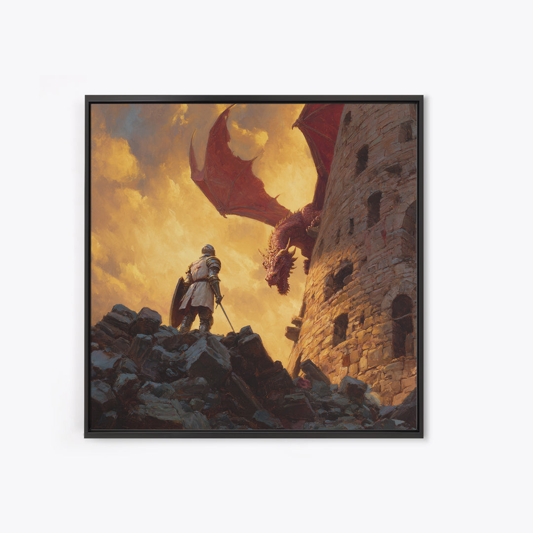 Knight Facing Red Dragon By Castle Tower Framed Canvas Print, Medieval Fantasy Wall Art, Epic Gaming Room Decor Gift For Him