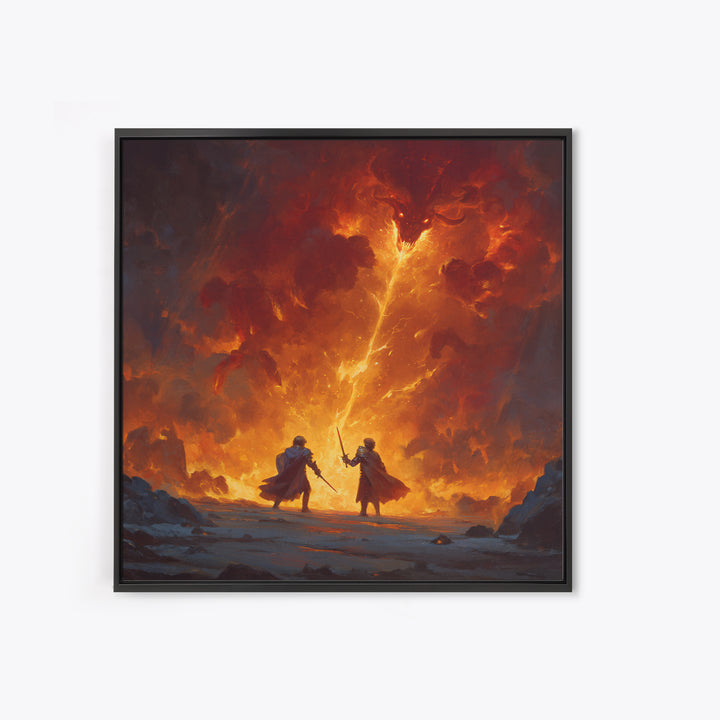 Heroes Battling Fire Demon In Inferno Wall Art, Dark Fantasy Canvas Print, Epic Dungeons And Dragons Gaming Room Decor Gift