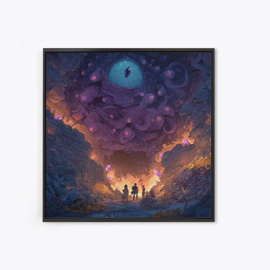 Adventurers Beneath Giant Cosmic Eye Canvas Print, Surreal Dark Fantasy Wall Art, Dungeon Cave Gaming Room Decor Gift For Him