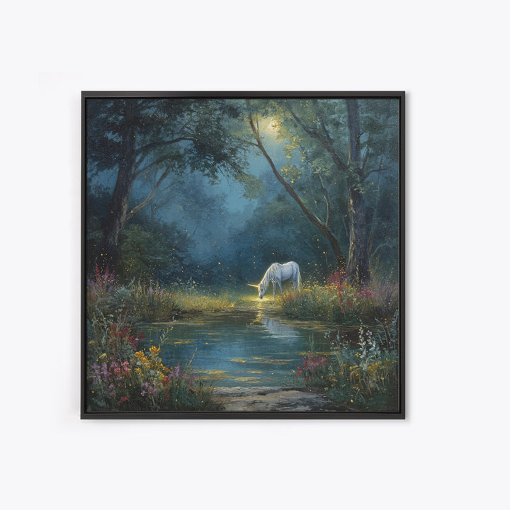 White Unicorn By Moonlit Forest Stream Wall Art, Enchanted Woodland Fantasy Canvas Print, Dreamy Nursery Decor Gift For Kids Room
