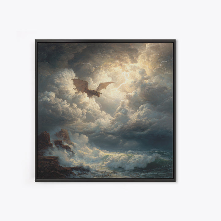 Dragon Flying Through Lightning Storm Over Ocean Wall Art, Dark Fantasy Seascape Canvas Print, Nautical Gothic Decor Gift