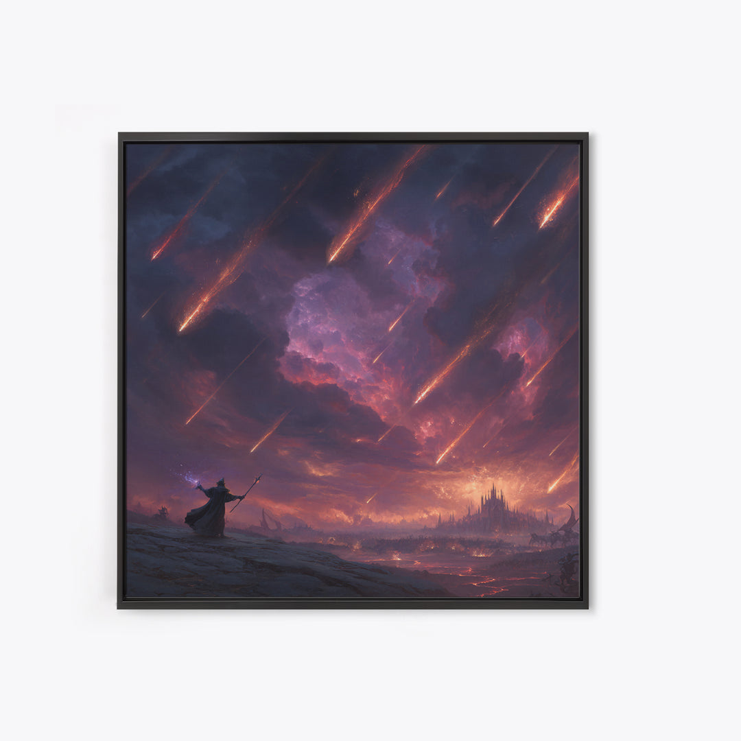 Meteor Storm Wizard Fantasy Wall Art, Dark Castle Canvas Print, Apocalyptic Sky, Gothic Gaming Room Decor, Unique Gift For Him