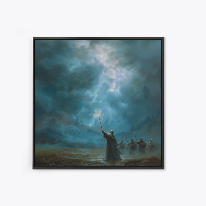 Storm Wizard Raising Lightning Wall Art, Epic Fantasy Canvas Print, Blue Mountain Battle Scene, Dark Academia Office Decor