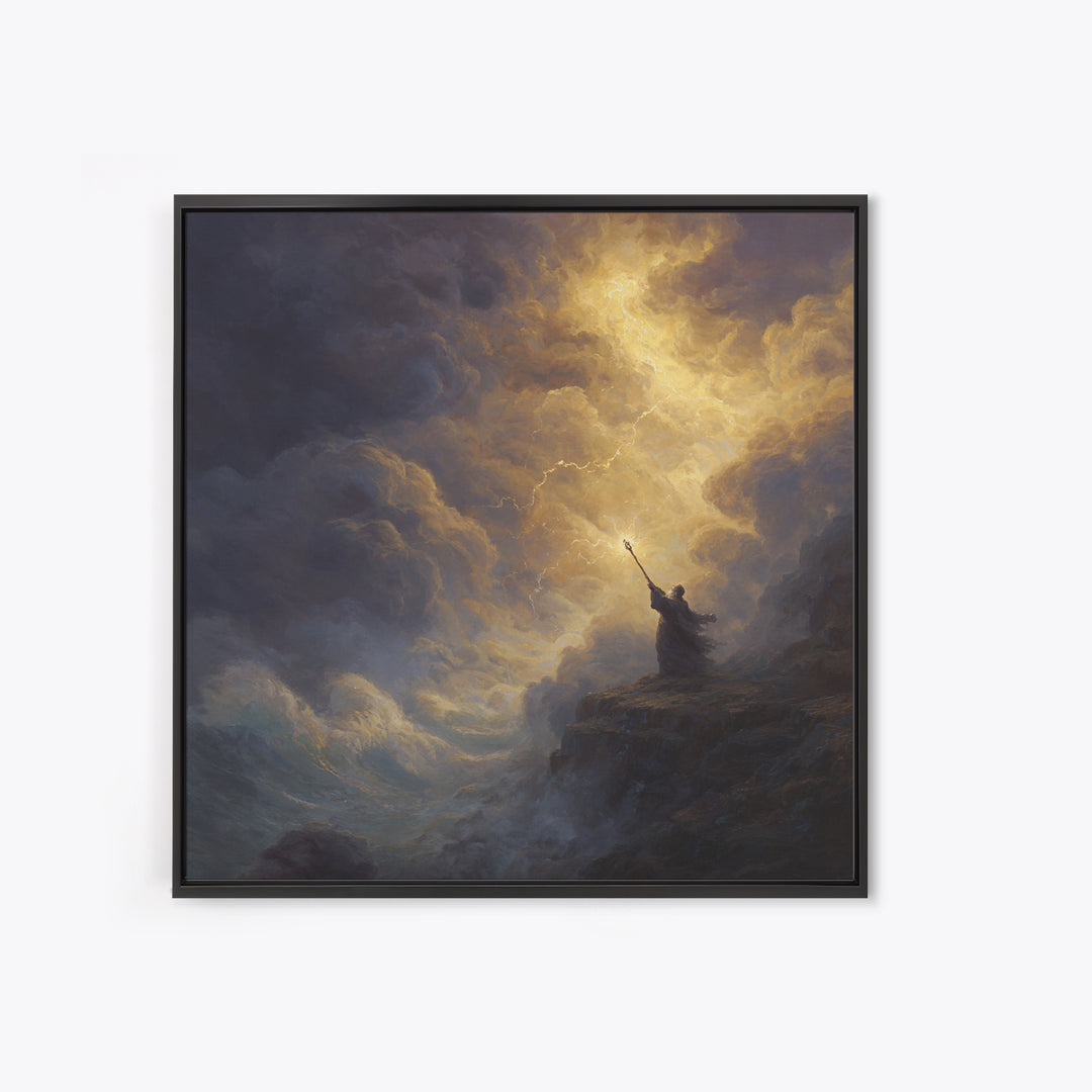 Golden Lightning Wizard Seascape Wall Art, Stormy Ocean Framed Canvas Print, Mythological Fantasy Decor, Moody Fine Art Gift