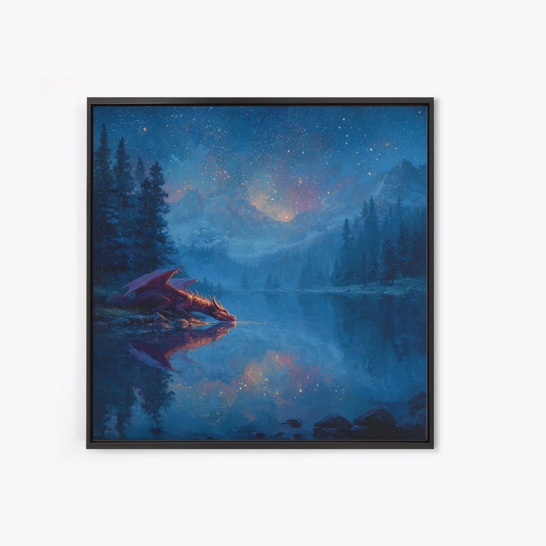 Starlit Dragon Lake Fantasy Wall Art, Blue Mountain Canvas Print, Celestial Nursery Decor, Magical Kids Room Art Gift For Dragon Lovers
