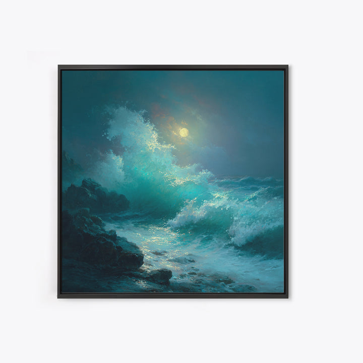 Moonlit Turquoise Wave Seascape Wall Art, Ocean Canvas Print, Coastal Bathroom Decor, Nautical Living Room Art Gift For Beach House
