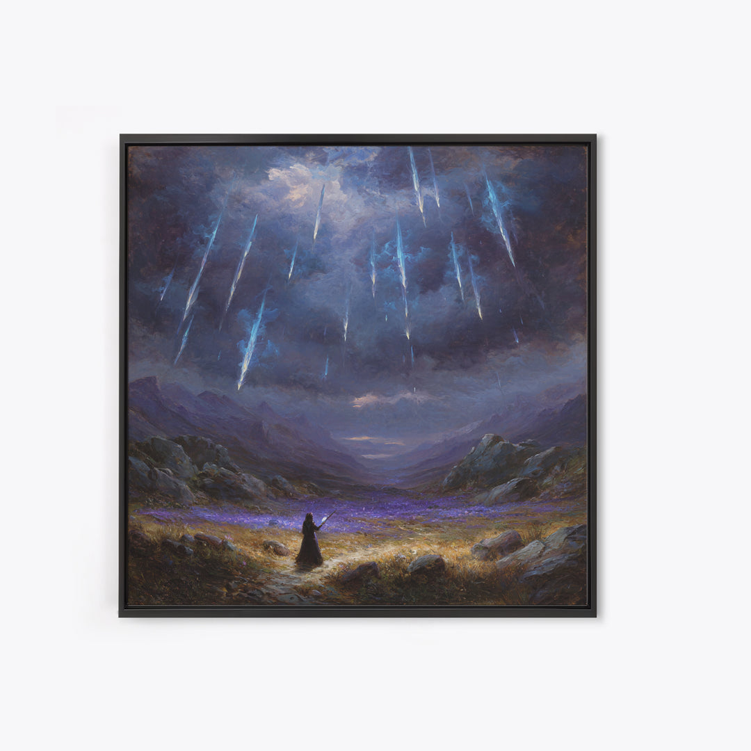 Icy Meteor Valley Wizard Wall Art, Dark Fantasy Framed Canvas Print, Mountain Landscape Decor, Gothic Office Art Gift For Him