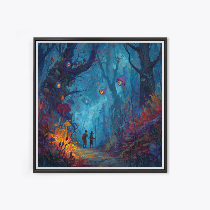 Glowing Eyed Enchanted Forest Wall Art, Whimsical Fantasy Canvas Print, Mushroom Kids Room Decor, Magical Nursery Gift For Her