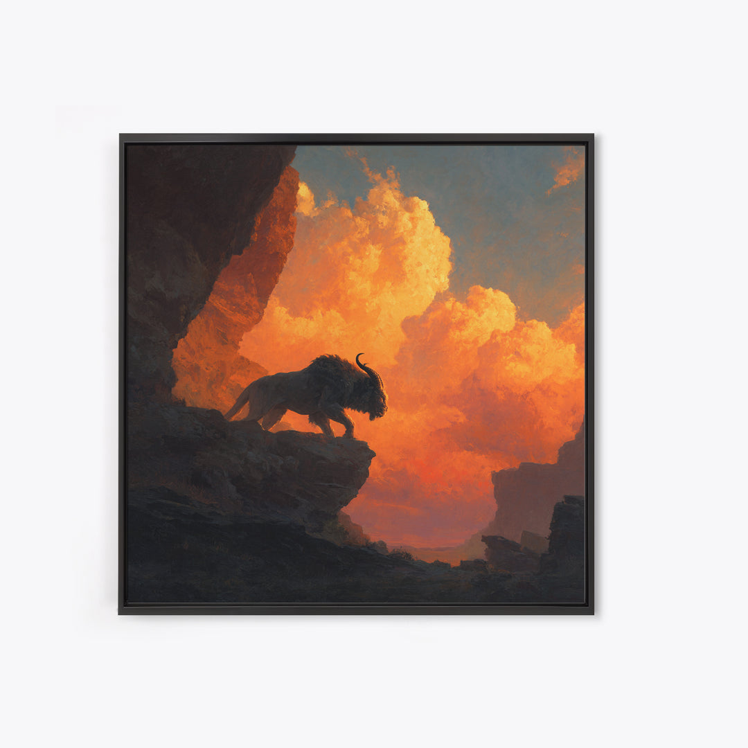 Cave Bison Sunset Canyon Wall Art, Southwestern Wildlife Canvas Print, Rustic Western Decor, Buffalo Landscape Art Gift For Him