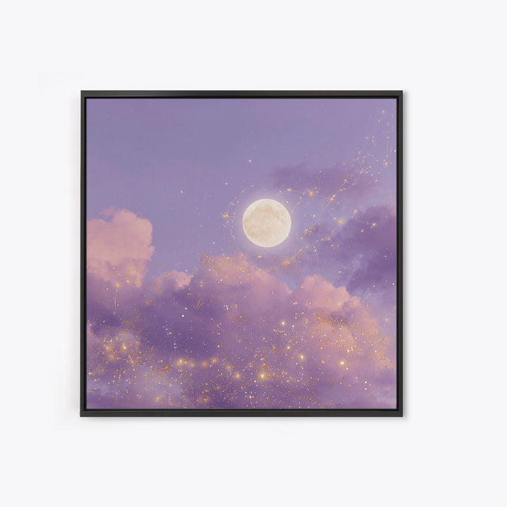 Full Moon With Golden Constellations Wall Art, Celestial Canvas Print, Purple Cloud Decor, Mystical Bedroom Gift For Her