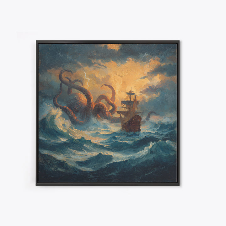 Storm Kraken And Tall Ship In Tempest Seas Canvas Print, Nautical Fantasy Wall Art, Ocean Monster Decor, Gift For Him, Coastal Home Decor
