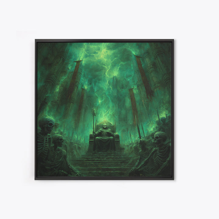 Emerald Necromancer Throne With Skeleton Army Framed Canvas Print, Gothic Wall Art, Dark Fantasy Decor, Occult Office Art