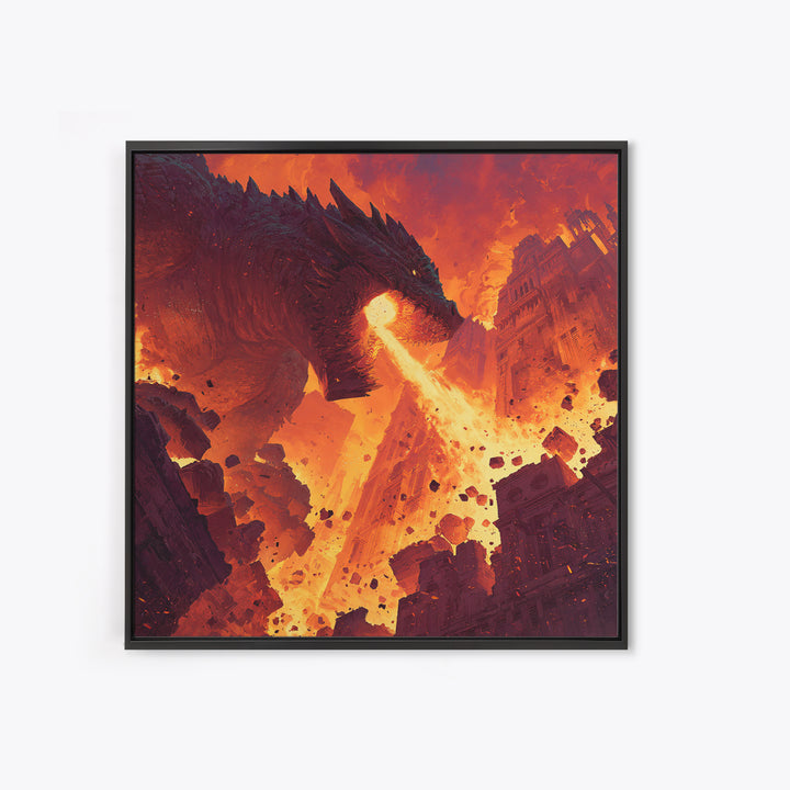 Fire Breathing Dragon Over Ruined City Canvas Print, Epic Fantasy Wall Art, Dystopian Decor, Gaming Room Statement Art, Gift For Him