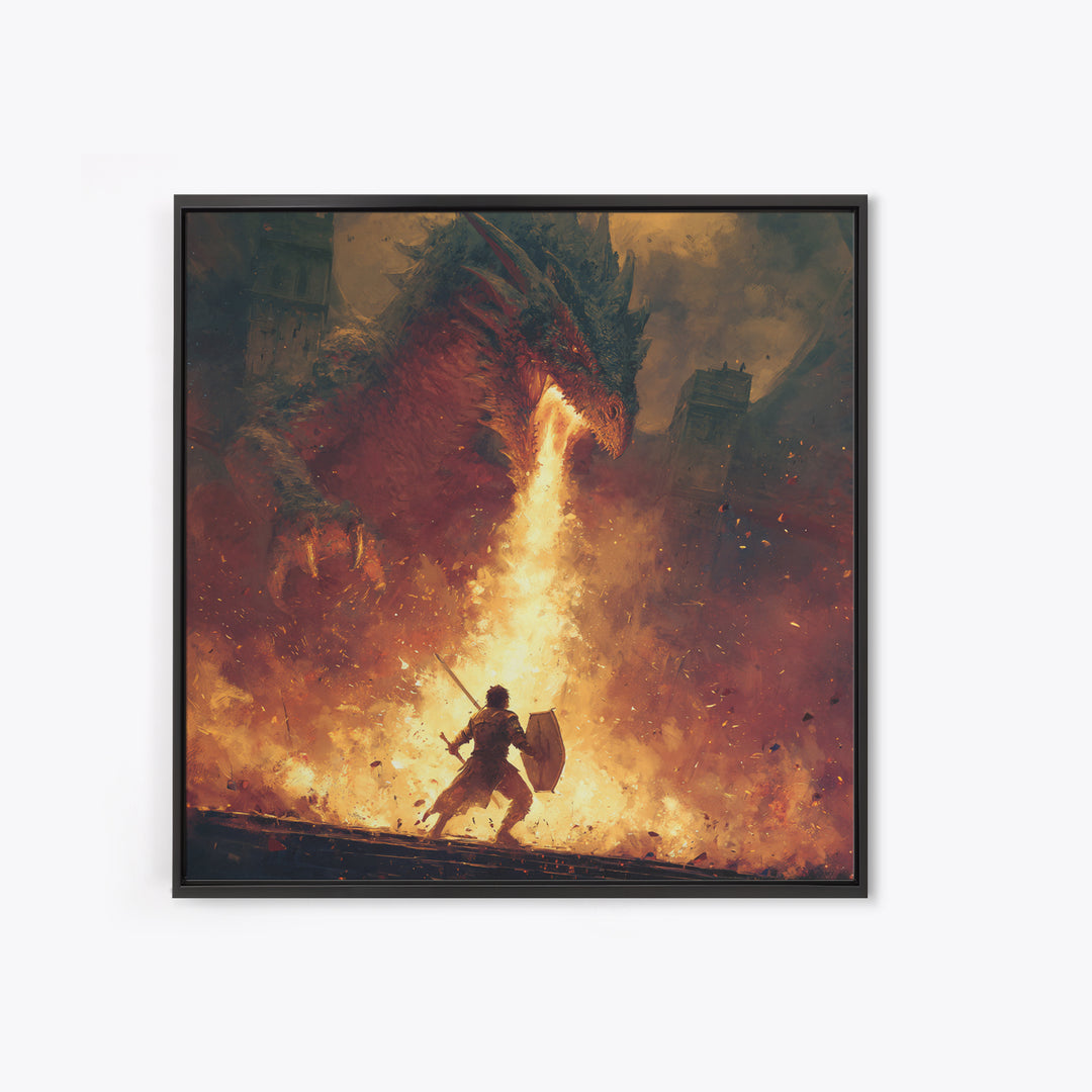 Warrior Facing Fire Breathing Dragon Framed Canvas Print, Epic Fantasy Wall Art, Hero Battle Decor, Gaming Room Gift For Him, Large Art