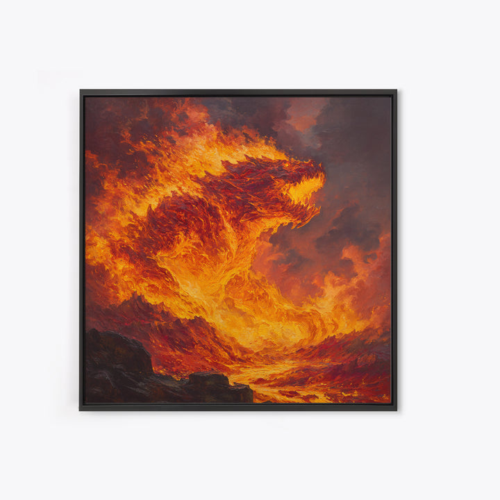 Blazing Fire Dragon Rising From Lava Canvas Print, Fantasy Wall Art, Orange Statement Artwork, Dark Fantasy Home Decor, Gift For Him