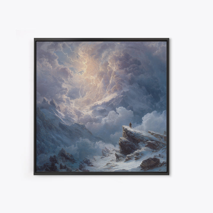 Lone Explorer On Snowy Mountain Storm Canvas Print, Winter Landscape Wall Art, Moody Nature Decor, Adventure Gift For Him