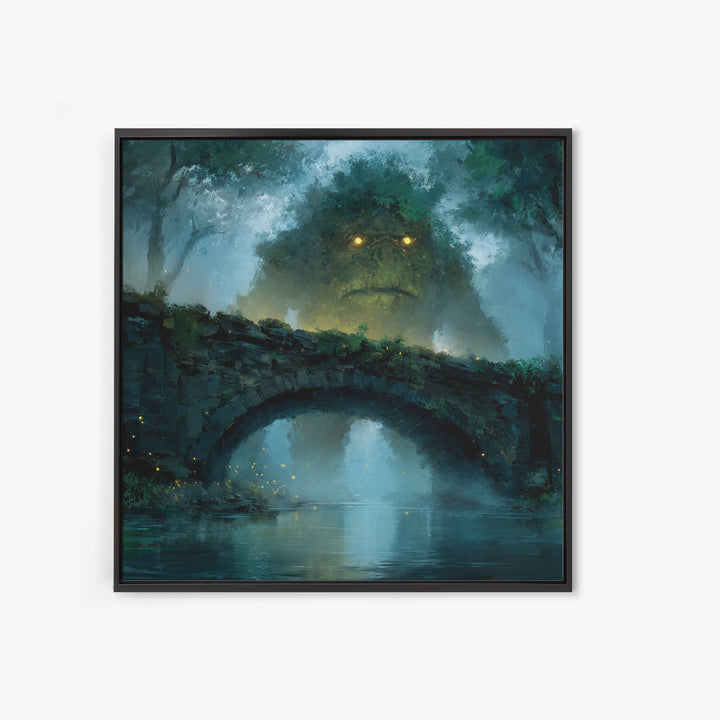 Mossy Forest Giant Above Stone Bridge Framed Canvas Print, Whimsical Fantasy Wall Art, Nature Decor, Cozy Gift For Her, Woodland Home Decor