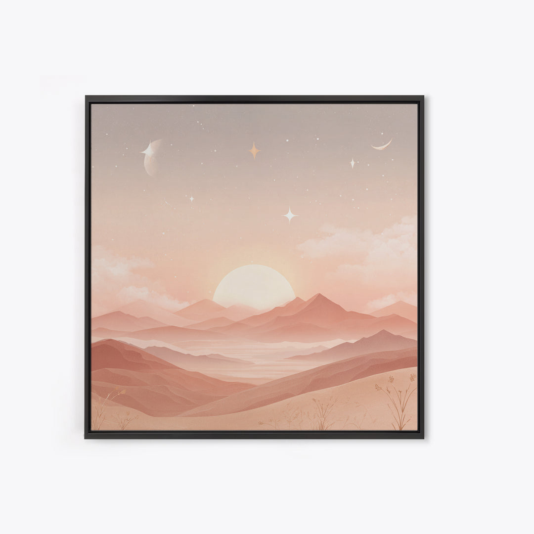 Peach Sunrise Mountains With Moon And Stars Wall Art, Minimalist Landscape Print, Celestial Nursery Decor, Above Bed Art