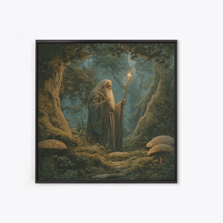Ancient Wizard With Glowing Staff Framed Canvas Print, Fantasy Wall Art, Enchanted Forest Home Decor, Dark Academia Gift