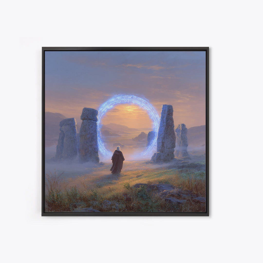 Glowing Rune Portal Between Ancient Stones Canvas Print, Fantasy Landscape Wall Art, Mystical Home Decor, Magic Gateway Art