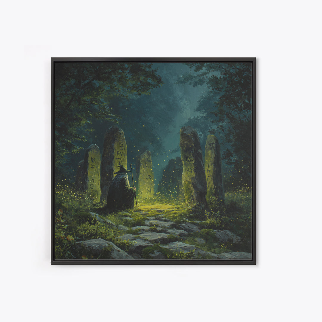 Dark Witch At Ancient Rune Stones Wall Art, Gothic Fantasy Canvas Print, Mystical Forest Decor, Dark Academia Poster Gift
