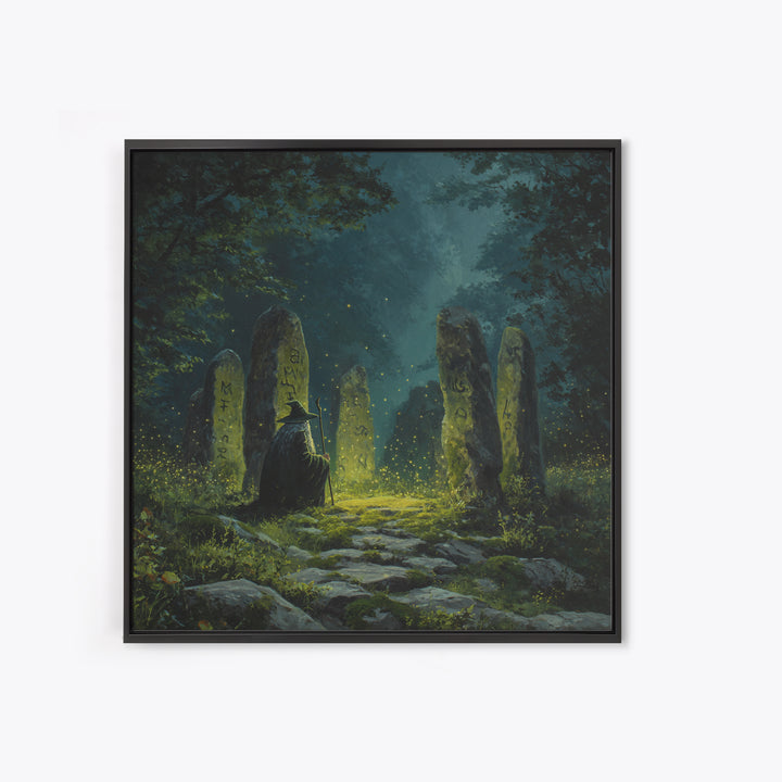 Dark Witch At Ancient Rune Stones Wall Art, Gothic Fantasy Canvas Print, Mystical Forest Decor, Dark Academia Poster Gift