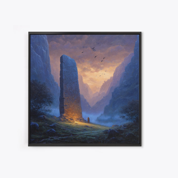 Carved Rune Monolith In Misty Mountain Valley Wall Art, Fantasy Landscape Canvas Print, Mystical Ancient Stone Home Decor