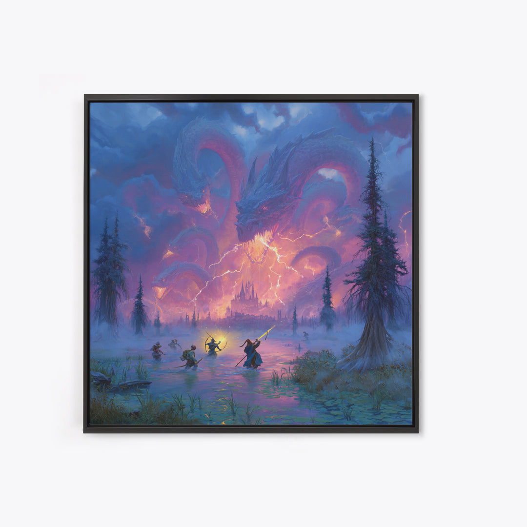 Epic Blue Dragon Battle Over Misty Castle Canvas Print, Fantasy Wall Art, Dungeons And Dragons Decor, Gamer Room Decor Gift