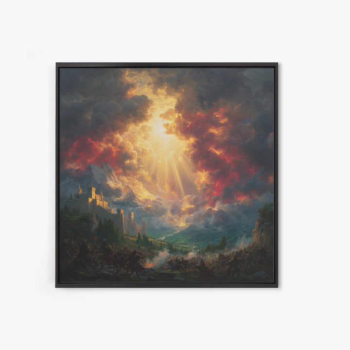 Heavenly Light Over Castle And Mountain Battlefield Wall Art, Epic Fantasy Canvas Print, Dramatic Landscape Home Decor Gift