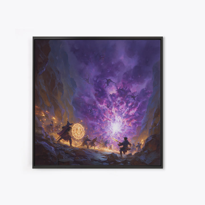 Wizard Party Fighting Purple Demon Portal Wall Art, Dark Fantasy Canvas Print, Dungeons And Dragons Game Room Decor Gift