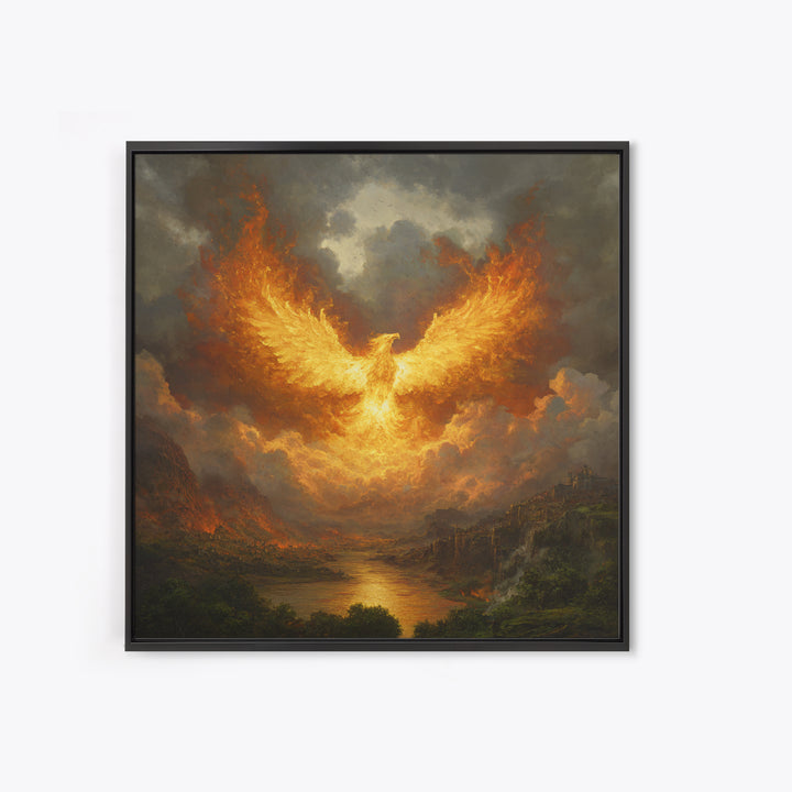 Fiery Phoenix Rising Above Stormy Valley Wall Art, Mythical Fantasy Canvas Print, Dramatic Firebird Epic Home Decor Gift