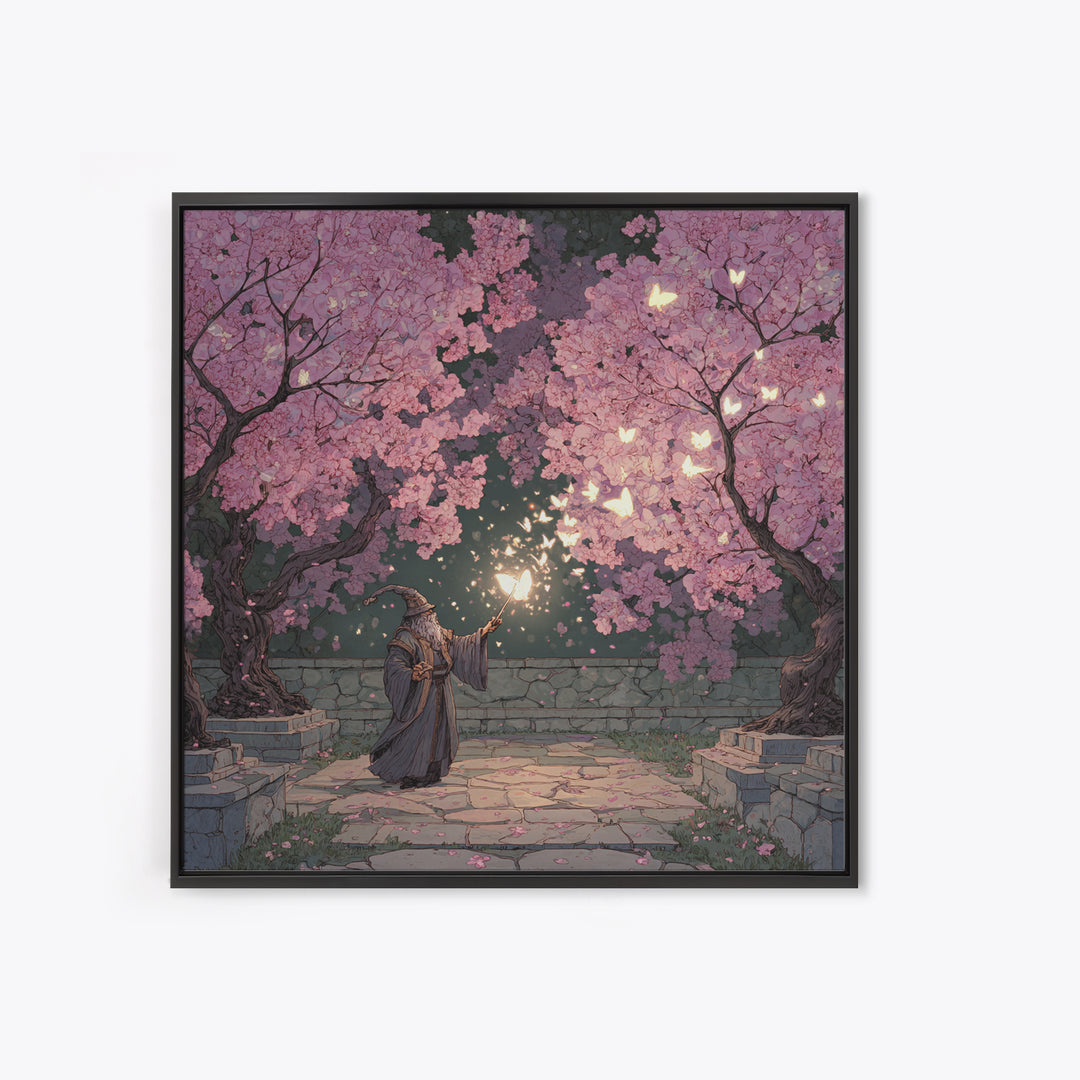 Wizard Casting Light Beneath Cherry Blossoms Canvas Print, Fantasy Wall Art, Pink Floral Magical Garden Home Decor, Unique Gift